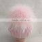 Myfur Baby Pink Striped Pattern Knitting Hat with Real Raccoon Fur Bobble