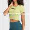 Custom Soft Hollow Out Sexy Built In Bra Short Sleeve Gym Yoga Crop Top Slim Bribbed Ladies Sports Fitness T-Shirt For Women