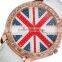 Fashion UK National Flag Clear Crystal Rhinestone Rose Golden Case Women Lady White Leather Quartz Wrist Watch
