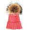 Myfur Cute Peach Color Warm Ribbed Knitting Hat with Natural Raccoon Fur Ball