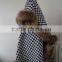2016 Luxury HOUNDSTOOTH pattern Cashmere Like Cape Poncho With Natural Raccoon Fur Trim
