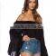Women Fashion Black Big Loose Sleeve Bare Shoulder Chiffon Blouse
