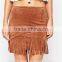 high rise nice design women slim fit fringe brown suede skirt