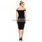 black slim off shoulder women summer dress with leather fabric