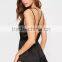 Black Satin Embroidered Teddy Split Hem Women Nightwear Sexy Strap Pyjama Set Halter Back Sleepwear