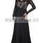 BAM1004 Generous Lace Appliqued See Through Bodice Party Gown 2016 V Neck Low Back Chiffon Long Black Prom Dress with Sleeve