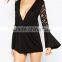women sexy black rompers jumpsuit Lace Back Fluted Sleeve Romper