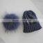 Myfur Navy Knitting Beanie Hat With Stones Real Raccoon Fur Ball Top For Teenager Boys