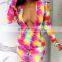 Bodycon Long Sleeve Shorts Tie Dye Romper Women Summer Sexy Deep Neck Playsuit Fashion Female Casual Jumpsuit Outfits 2021 New