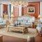 Champagne gold color flower hand carving light blue leather sofa set