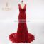 Newest Fashion Lace Appliqued Beaded Red Tulle Evening Dresses 2016 V Neckline Sheer Back Mermaid Prom Dresses