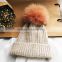 Real Fur Pompom Winter Hats For Women Cashmere Wool Knit Beanie Cap turkey Fur Pom Bobble Hat 2016