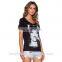 custom casual short sleeve round neck plain black t shirt print for women