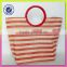Lady elegant stripe shoulder bag in jute and cotton material handbag round handle