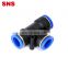 SNS SPE Series pneumatic push to connect 3 way equal union tee type T joint plastic pipe quick fitting air tube connector