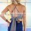 Adjustable halter neck straps white and navy striped halter crop top women