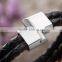 Black stainless steel braided leather bracelet two rows double braided leather bracelet