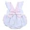 Wholesale 2016 girls white cotton knit baby with pink seersucker bow and ruffles fancy baby girl smocked ruffle bottom bubble