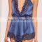 2017 Hot Sale Sexy V Neck Lace Trim Satin Pyjama Set Blue Lace Teddy Elasticated Waist Halter Back Strap Sleepwear