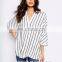 Women 100% Polyester Oversized V-neck Stripe Collarless Dress Shirt