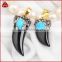 Wholesale Natural big black agate crescent horn pendant, Fashion boho crescent horn pendant with turquoise Charm