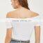 Drawstring eyelet ribbed top bardot neckline off shoulder bodysuit