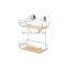 Two Tier Bathroom Storage Shelf Shower Caddy with Suction Cup Steel Wooden Shelves Corner Wall Mounted Rack