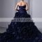 Dark Blue Strapless Sleeveless Sweep Train Lace-up Evening Gowns Ruched Cascading Ruffles Appliqued Beaded Quinceaneras Dress