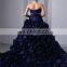 Dark Blue Strapless Sleeveless Sweep Train Lace-up Evening Gowns Ruched Cascading Ruffles Appliqued Beaded Quinceaneras Dress