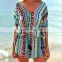 Summer holiday women paysuit loose sleeves waist deep V wholesale geometric printing swimwear dress for ladies beachwear