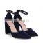 wholesale navy suede court shoe with ankle strap women block heels sandals shoes lady footwear