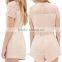 Pink wrinkled round neckline short sleeve belt waist short jumpsuit