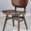 Vintage Real Leather Seat Dining Chair, Solid Oak Metal Back Chair, Solid Oak Leather Cafe Chair