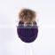 High quality wool knitted beanie hat with big raccoon fur ball on top for ladies KZ160075