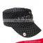 Bule and black check gingham fabric army cap flat top military cap with 3D embroidery