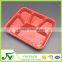 Disposable rectangular plastic food container with 5 dividers