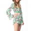 Europe special design mandarin sleeve tropical printed fabric hollow beach woman blouse