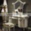 White Glossy Vanity Dressing Table with Silver Foil, Mini Bedroom Wood Carved Tidy Line Designed Dresser Table