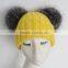 Myfur Yellow Color Wool Knitting Beanie Hat with Genuine Silver Fox Fur Pompoms