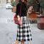 New Fashion Woven Black and White Casual Design Long Plaid Skirt, Pleated Plaid Skirt