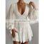 Ladies Party Sexy Deep V-neck Long Dress Lantern Long Sleeve  Lace Women Elegant Dresses