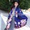 Hot sale 2017 new style young ladies scarf beautiful pink lotus printed blue bottom color women mufflers