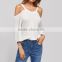 Cut Out White Strap T-shirts Sexy Basic 3/4 Sleeve Women Summer Tops 2017 Cold Shoulder Brief Stretchy V Neck T-shirt