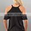 96% Rayon 4% Spandex high neckline loose flowy fit cold shoulder sleeves sweet tops with front embroidered flowers