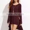 Burgundy Dip Hem Tee Dress With Long Sleeve Polyester Spandex Casual Plain Boat Neck High Low Hem Short Dress