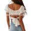 Women's Ruffle Short Sleeve Tie Up Back Crop Top Off Shoulder Bardot Blouse