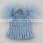 Myfur Baby Blue Wool Crochet Knitted Hats with Double Removable Raccoon Fur Balls