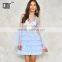 Violet blue sheer tulle layered dresses with embroidery bell sleeve women dress