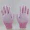 pink and white polyester knitted pu palm coated anti-static safety work gloves