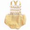 Wholesale Baby Clothing Yellow Polka Dot Kid's Romper With Pom Pom Trim Girls Boho Bubble